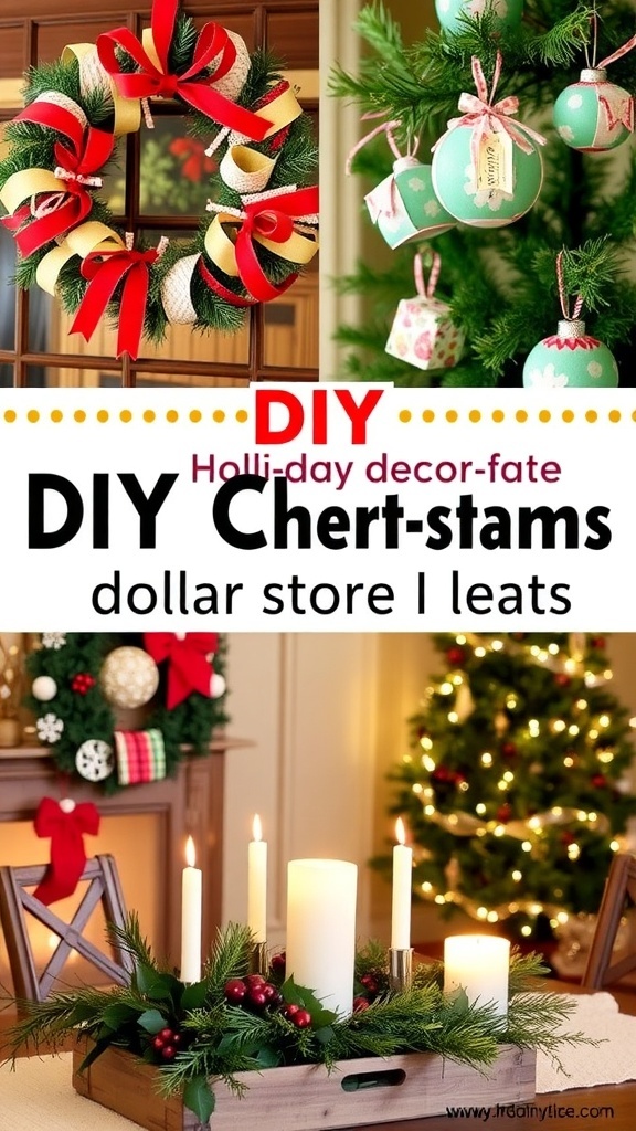 A collection of DIY Christmas decorations including a wreath, ornaments, and a festive table centerpiece.